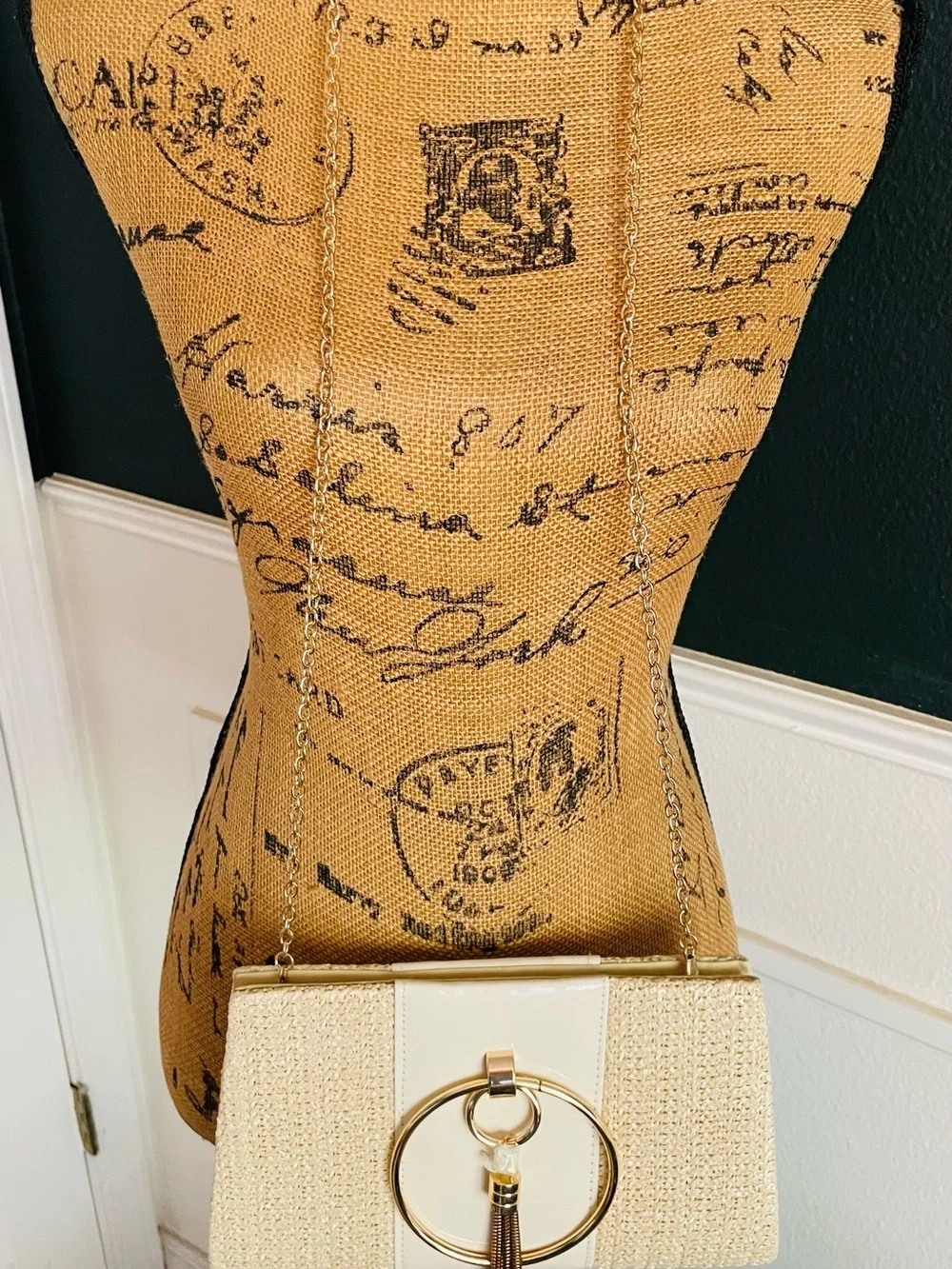 Neutral Straw Crossbody Bag with Gold Ring & Tassel